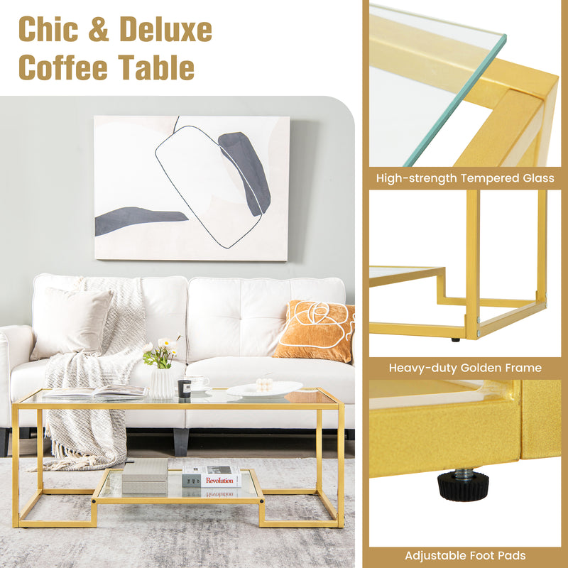 Modern 2-Tier Rectangular Coffee Table with Glass Table Top-Golden