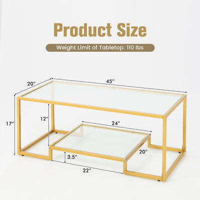 Modern 2-Tier Rectangular Coffee Table with Glass Table Top-Golden