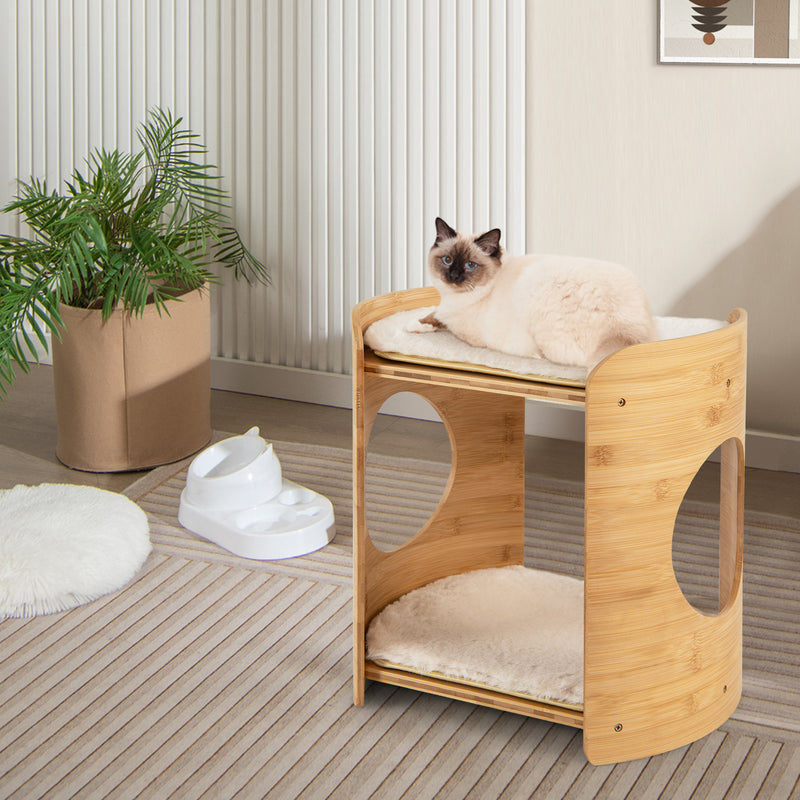 *2-Tier Cute Small Cat Tree for Indoor Cats with Natural Bamboo Frame - Beige