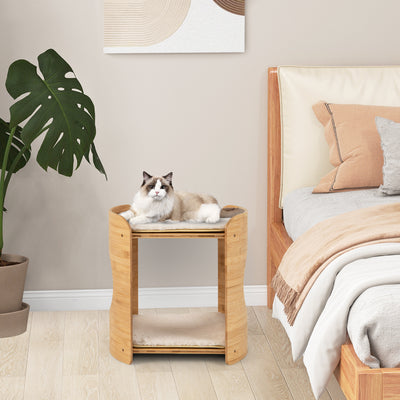 *2-Tier Cute Small Cat Tree for Indoor Cats with Natural Bamboo Frame - Beige
