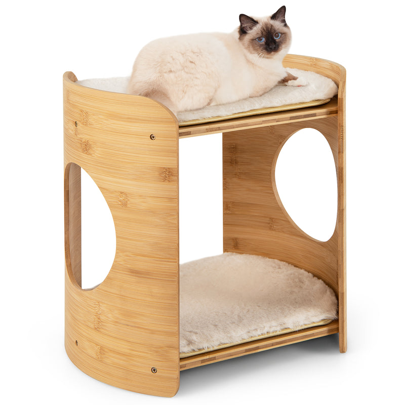 *2-Tier Cute Small Cat Tree for Indoor Cats with Natural Bamboo Frame - Beige