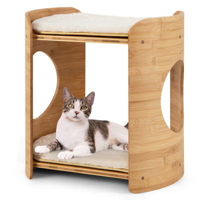 *2-Tier Cute Small Cat Tree for Indoor Cats with Natural Bamboo Frame - Beige