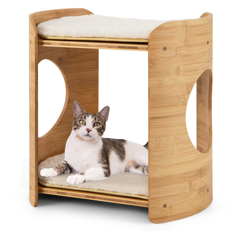 *2-Tier Cute Small Cat Tree for Indoor Cats with Natural Bamboo Frame - Beige