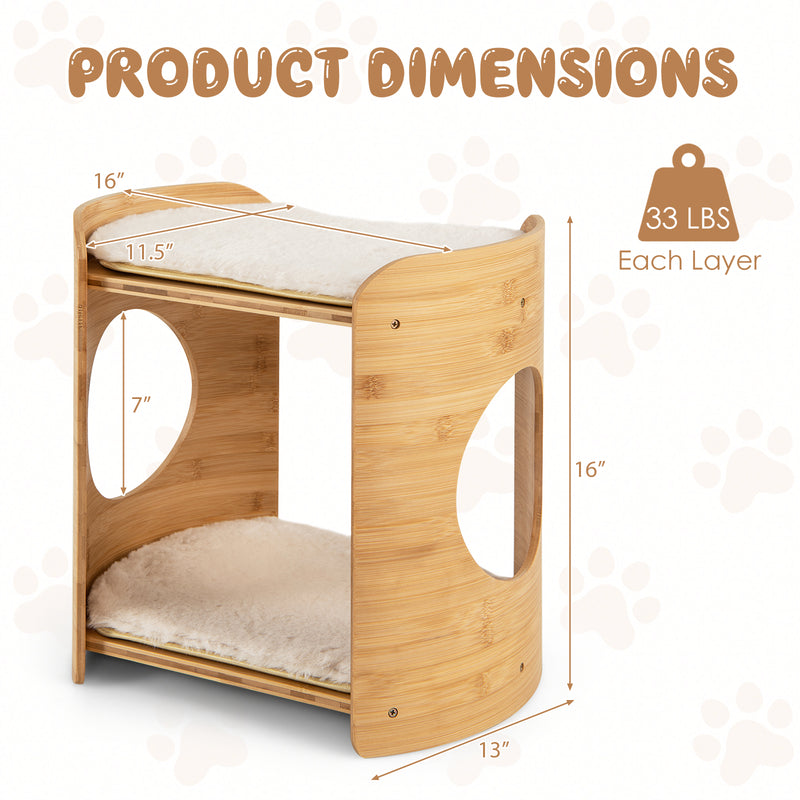 *2-Tier Cute Small Cat Tree for Indoor Cats with Natural Bamboo Frame - Beige
