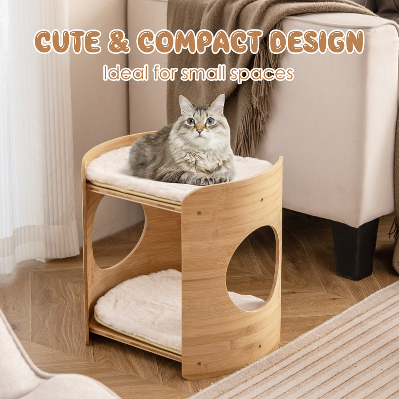 *2-Tier Cute Small Cat Tree for Indoor Cats with Natural Bamboo Frame - Beige