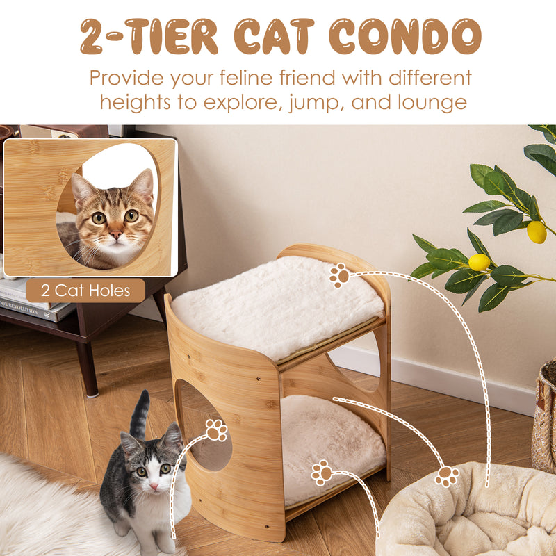 *2-Tier Cute Small Cat Tree for Indoor Cats with Natural Bamboo Frame - Beige