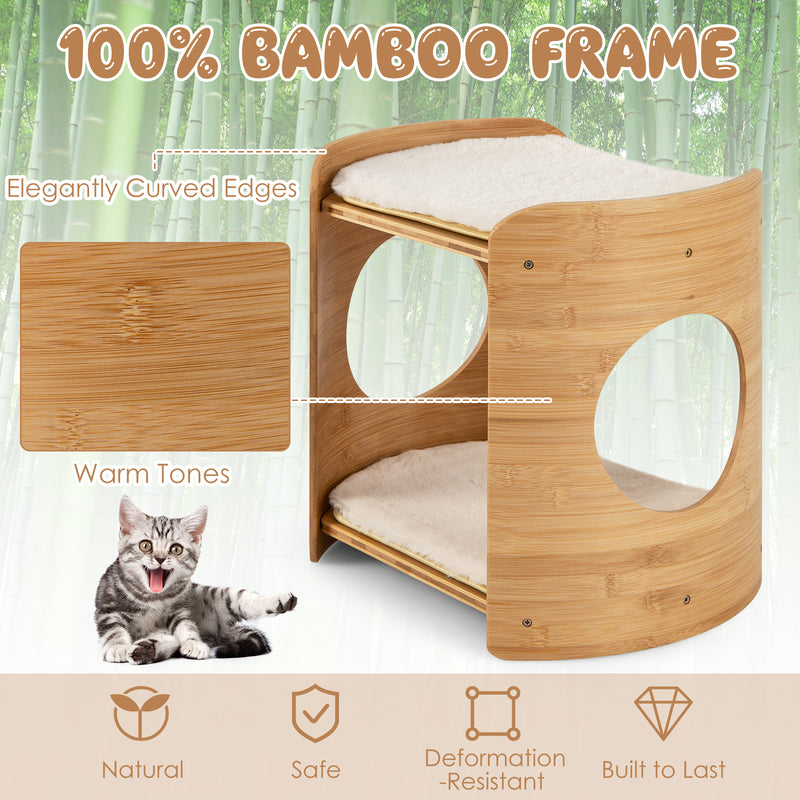 *2-Tier Cute Small Cat Tree for Indoor Cats with Natural Bamboo Frame - Beige
