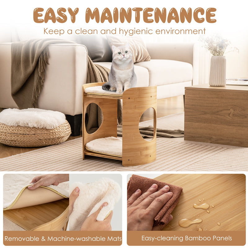 *2-Tier Cute Small Cat Tree for Indoor Cats with Natural Bamboo Frame - Beige