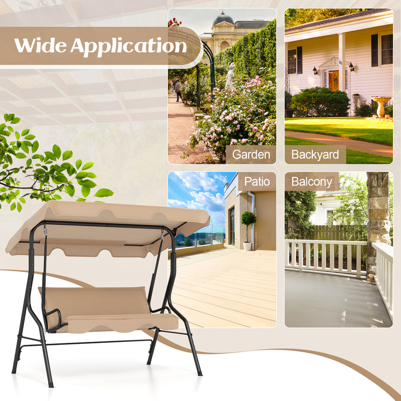 3 Seat Outdoor Patio Canopy Swing with Cushioned Steel Frame-Beige