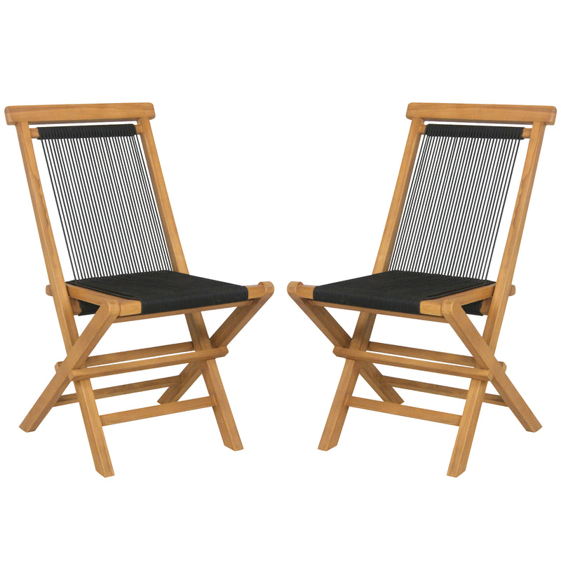 2 Piece Indonesia Teak Patio Folding Chairs with Woven Rope Seat and Back for Porch Backyard Poolside