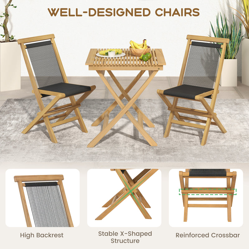 2 Piece Indonesia Teak Patio Folding Chairs with Woven Rope Seat and Back for Porch Backyard Poolside