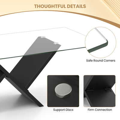 47 Inch Rectangle Glass Coffee Table Modern Center Table with Tempered Glass Tabletop-Black