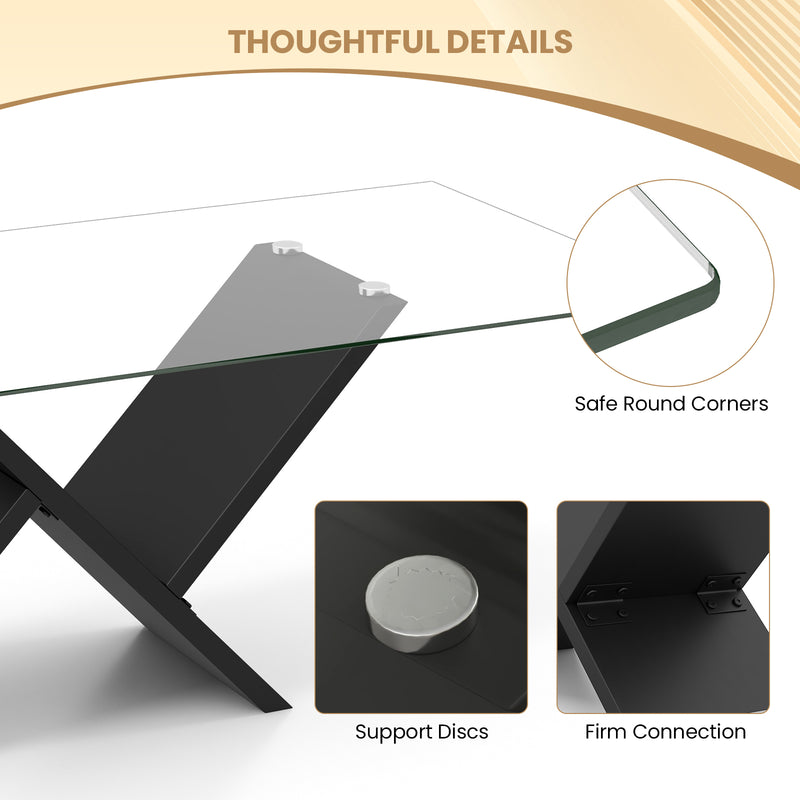47 Inch Rectangle Glass Coffee Table Modern Center Table with Tempered Glass Tabletop-Black