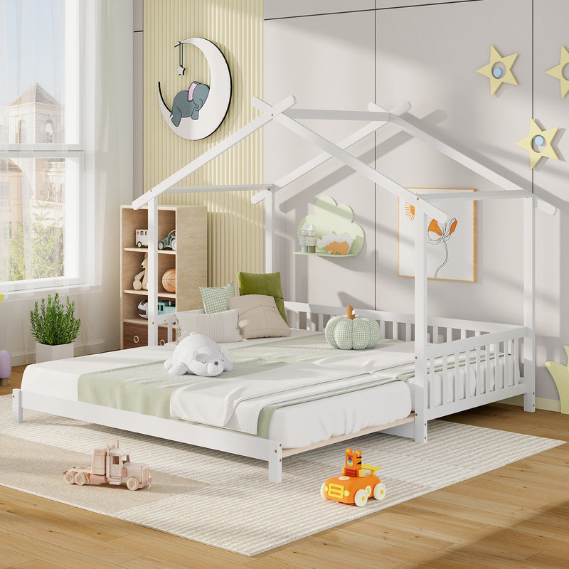 *Extendable House Bed Twin to King Daybed with Roof and Fence Rails - White