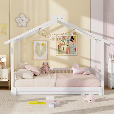 *Extendable House Bed Twin to King Daybed with Roof and Fence Rails - White