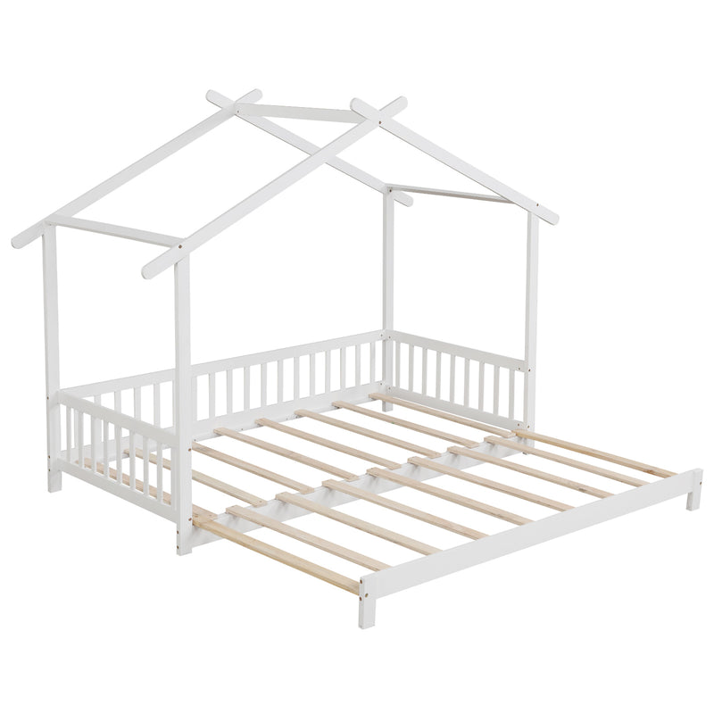 *Extendable House Bed Twin to King Daybed with Roof and Fence Rails - White