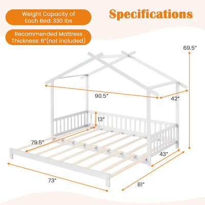 *Extendable House Bed Twin to King Daybed with Roof and Fence Rails - White