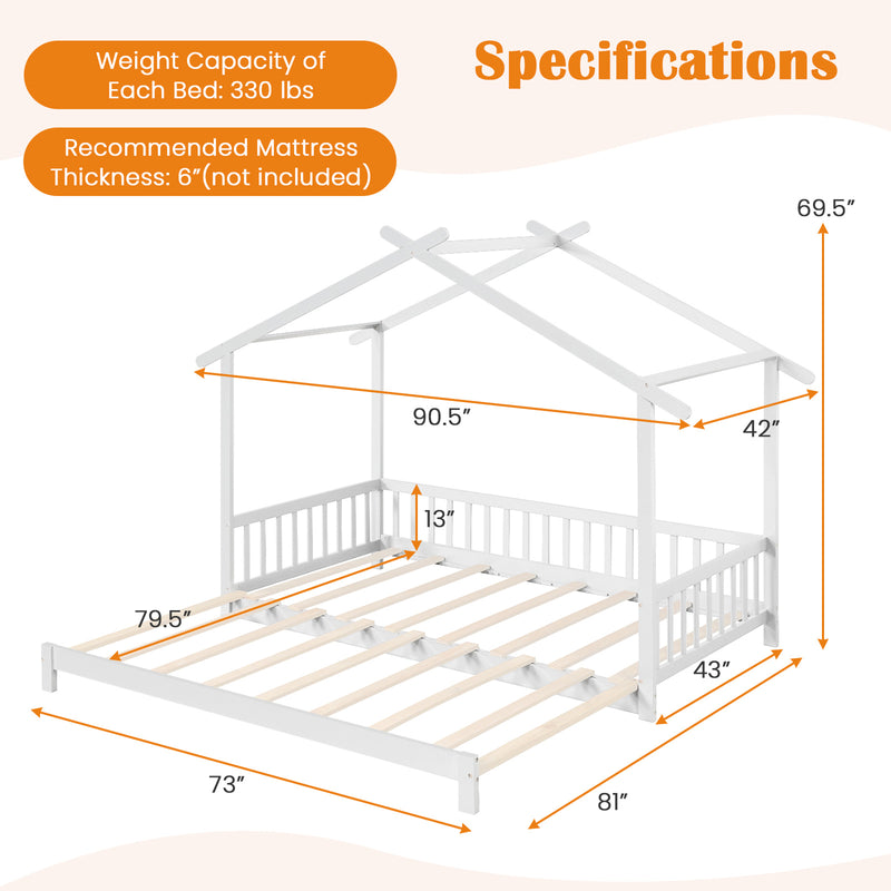 *Extendable House Bed Twin to King Daybed with Roof and Fence Rails - White