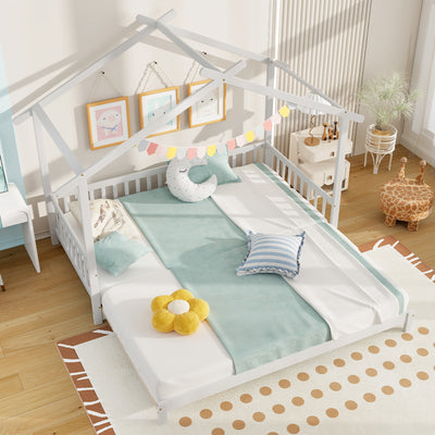 *Extendable House Bed Twin to King Daybed with Roof and Fence Rails - White