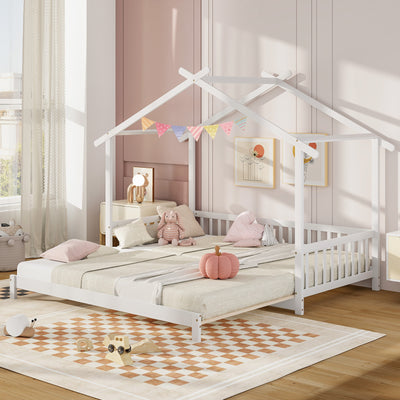 *Extendable House Bed Twin to King Daybed with Roof and Fence Rails - White