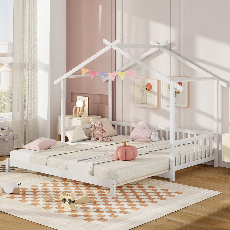 *Extendable House Bed Twin to King Daybed with Roof and Fence Rails - White