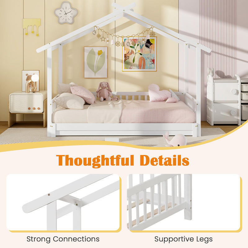 *Extendable House Bed Twin to King Daybed with Roof and Fence Rails - White