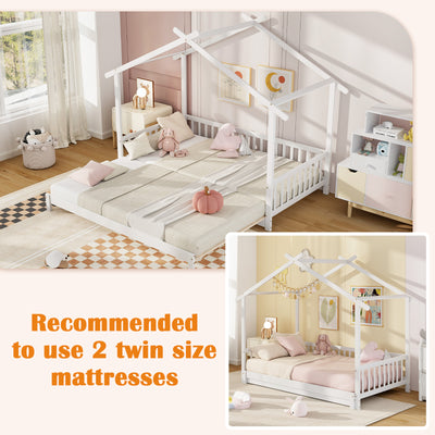 *Extendable House Bed Twin to King Daybed with Roof and Fence Rails - White