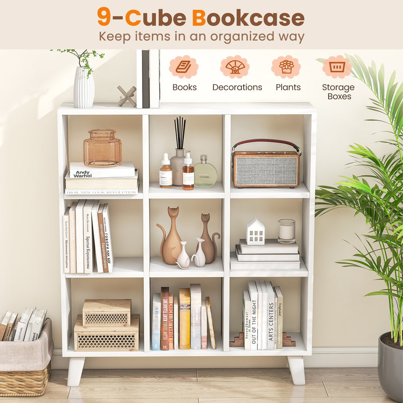9-Cube Bookcase with 6 Removable Shelves and Raised Support Feet-White