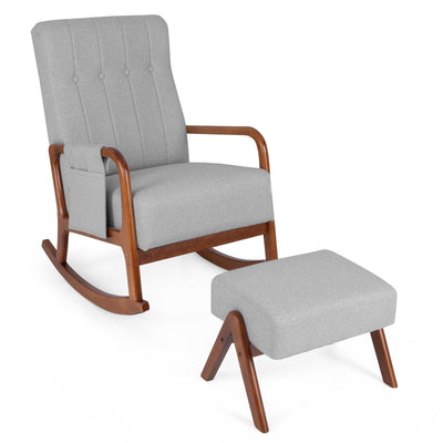 *Rocking Chair with Ottoman and Solid Rubber Wood Frame and Padded Cushion - Gray