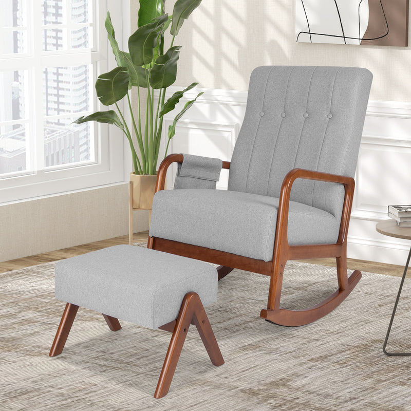 *Rocking Chair with Ottoman and Solid Rubber Wood Frame and Padded Cushion - Gray
