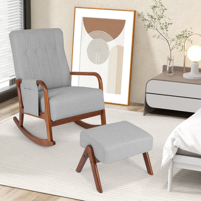 *Rocking Chair with Ottoman and Solid Rubber Wood Frame and Padded Cushion - Gray
