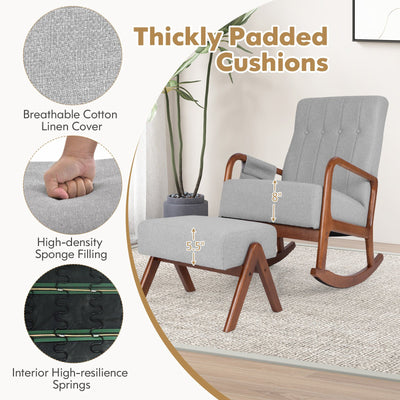 *Rocking Chair with Ottoman and Solid Rubber Wood Frame and Padded Cushion - Gray