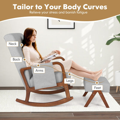 *Rocking Chair with Ottoman and Solid Rubber Wood Frame and Padded Cushion - Gray