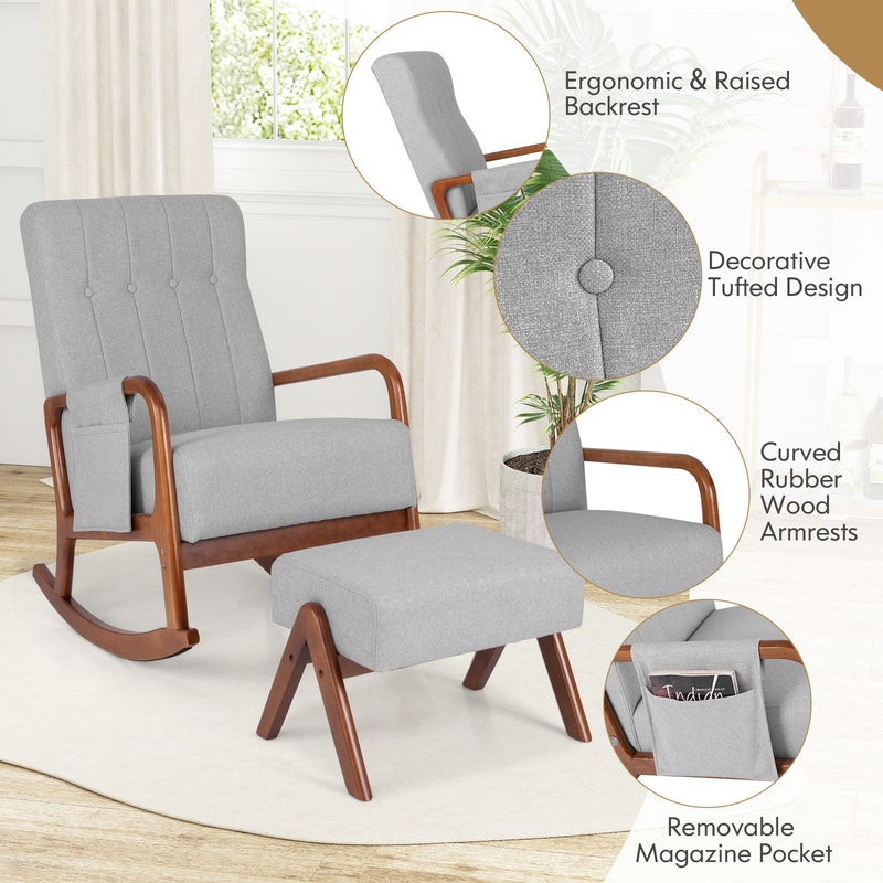 *Rocking Chair with Ottoman and Solid Rubber Wood Frame and Padded Cushion - Gray
