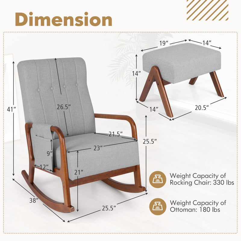 *Rocking Chair with Ottoman and Solid Rubber Wood Frame and Padded Cushion - Gray
