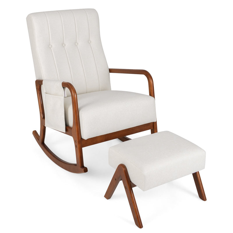 *Rocking Chair with Ottoman and Solid Rubber Wood Frame and Padded Cushion - Beige
