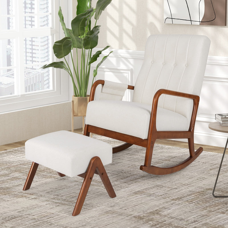 *Rocking Chair with Ottoman and Solid Rubber Wood Frame and Padded Cushion - Beige