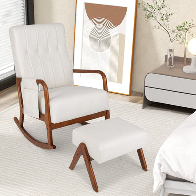 *Rocking Chair with Ottoman and Solid Rubber Wood Frame and Padded Cushion - Beige