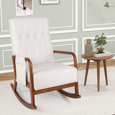 *Rocking Chair with Ottoman and Solid Rubber Wood Frame and Padded Cushion - Beige