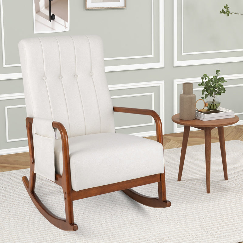 *Rocking Chair with Ottoman and Solid Rubber Wood Frame and Padded Cushion - Beige