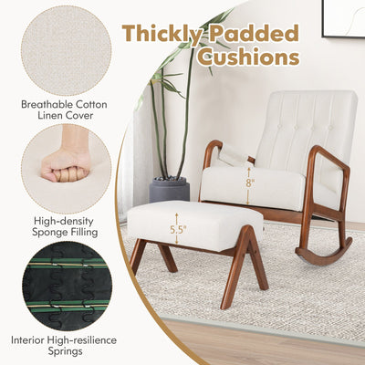 *Rocking Chair with Ottoman and Solid Rubber Wood Frame and Padded Cushion - Beige