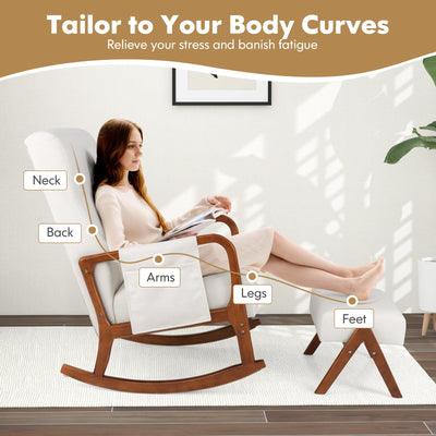 *Rocking Chair with Ottoman and Solid Rubber Wood Frame and Padded Cushion - Beige