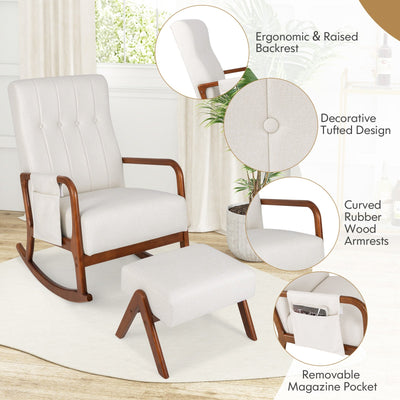 *Rocking Chair with Ottoman and Solid Rubber Wood Frame and Padded Cushion - Beige