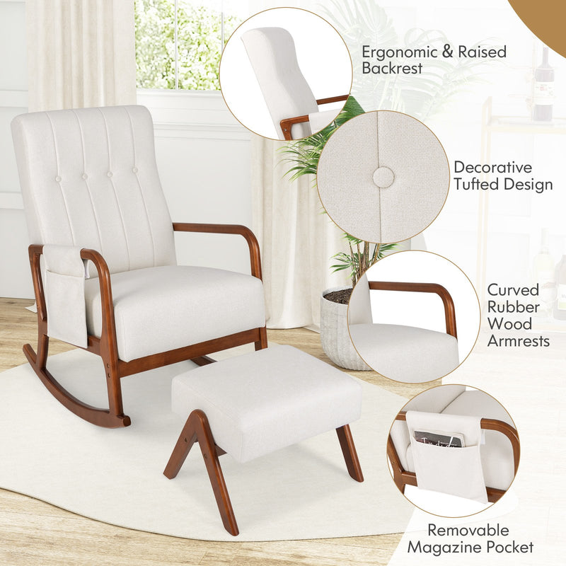 *Rocking Chair with Ottoman and Solid Rubber Wood Frame and Padded Cushion - Beige