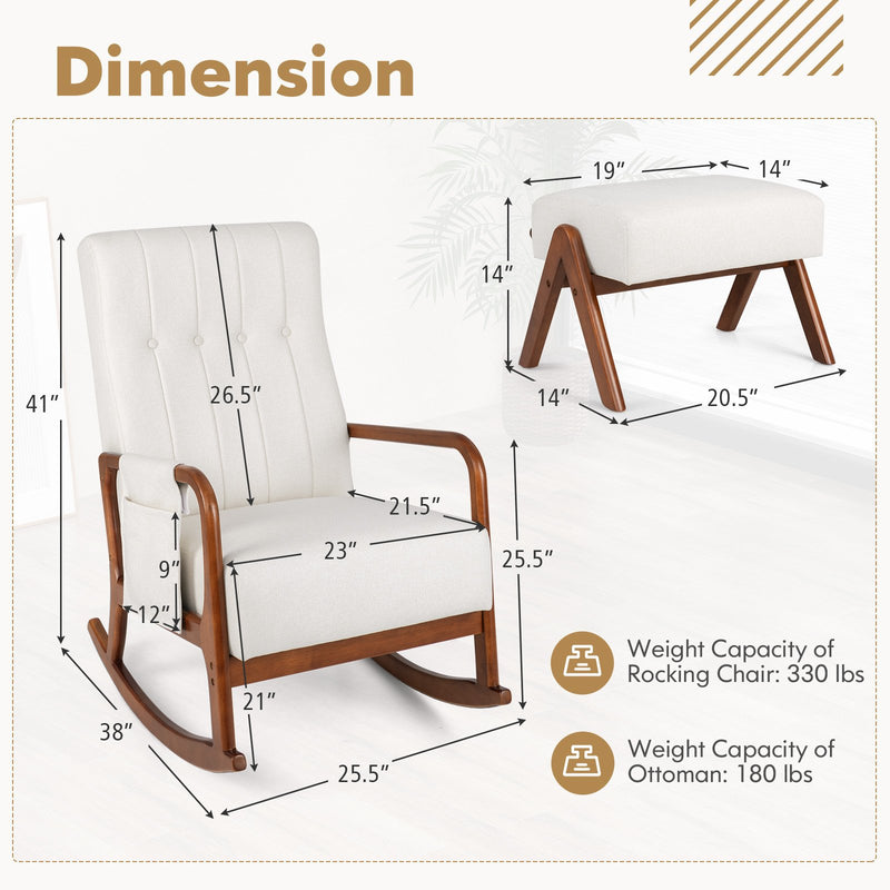 *Rocking Chair with Ottoman and Solid Rubber Wood Frame and Padded Cushion - Beige