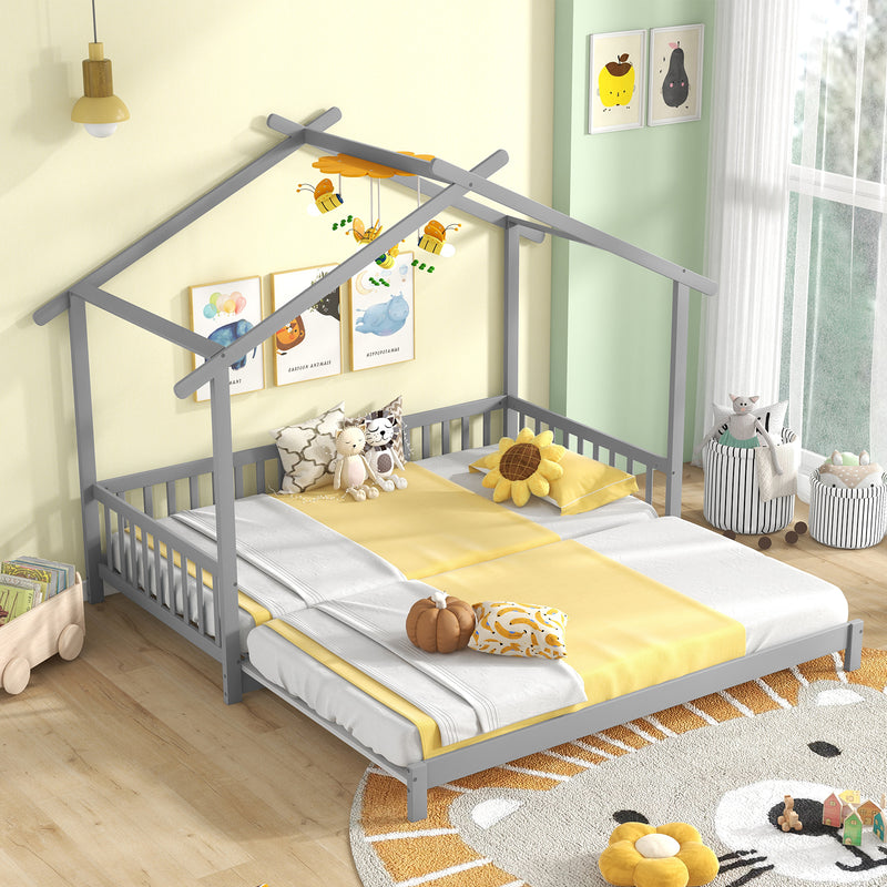 *Extendable House Bed Twin to King Daybed with Roof and Fence Rails - Gray
