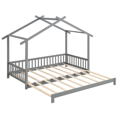 *Extendable House Bed Twin to King Daybed with Roof and Fence Rails - Gray