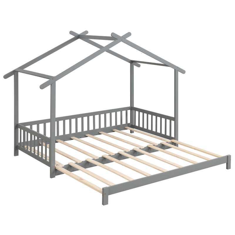 *Extendable House Bed Twin to King Daybed with Roof and Fence Rails - Gray