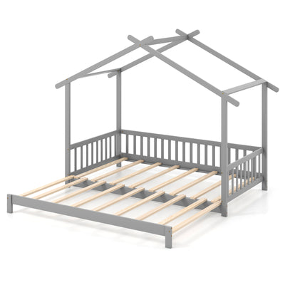 *Extendable House Bed Twin to King Daybed with Roof and Fence Rails - Gray