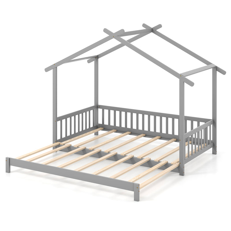 *Extendable House Bed Twin to King Daybed with Roof and Fence Rails - Gray